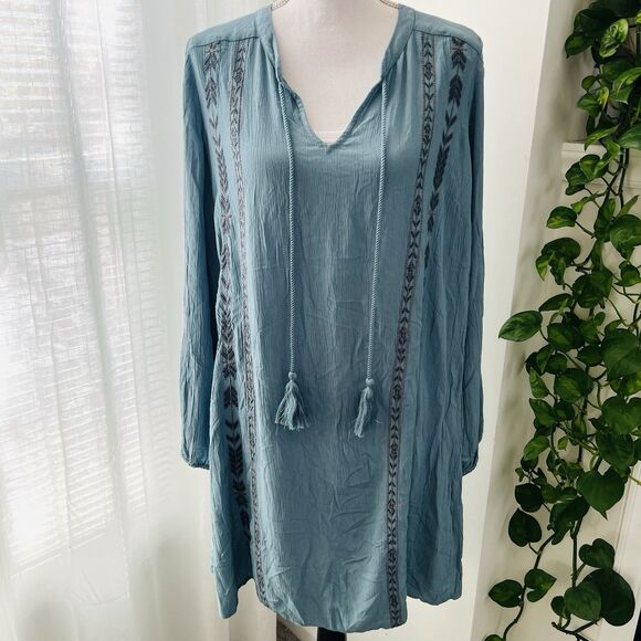 Jessica Simpson Blue Embroidered Boho Hippie Flowy Soft Comfy Dress - Large - Picture 1 of 9